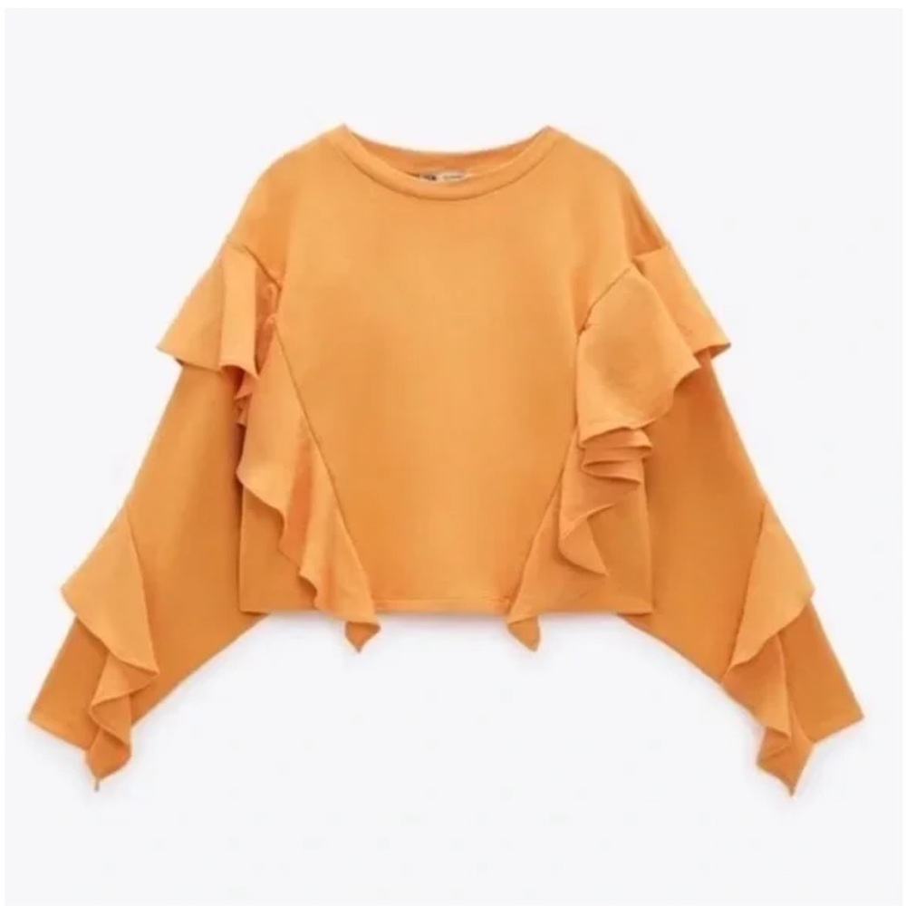 <3 ZARA Orange Ruffle Fashionable Crop Sweater